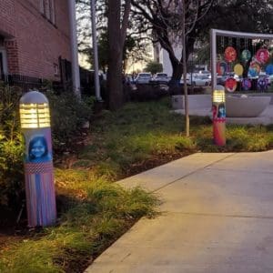 bollard light art monument at night