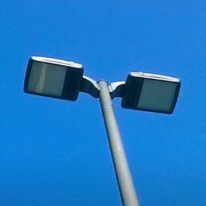 2 LED parking lot lights mounted on a 25’ pole