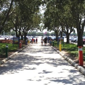 LED lighting by the parking lot provides lighting on walkway