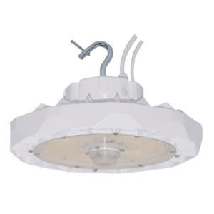 HIIO LED High Bay Light, white, IP65 wet location rated, 80+ CRI, glare reducing lens. Shown with optional occupancy sensor.