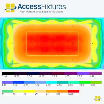 Indoor Tennis Court LED Lighting Package -35fc, 1.11 Max/min 15 150w LED Lights, mounted 25'