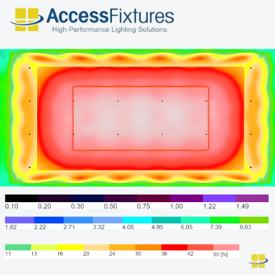 Indoor Tennis Court LED Lighting Package -55fc, 1.12 Max/min 24 150w LED Lights, mounted 25'