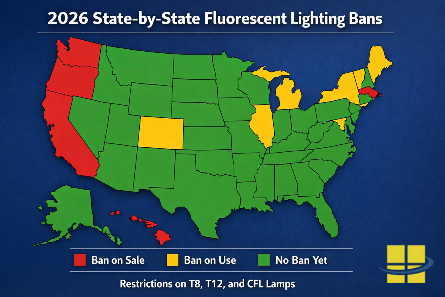 fluorescent-ban-map-2026.jpg 2026 U.S. state-by-state fluorescent lighting ban map showing which states restrict T8, T12, and CFL lamps