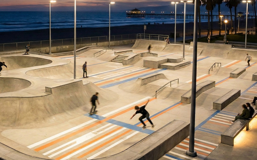 Access-Fixtures-Skatepark-Lighting-Light-Fixtures-and-Packages.jpg A tight shot of a concrete skate park bowl and ramps professionally lit by powerful, high-mounting LED fixtures.