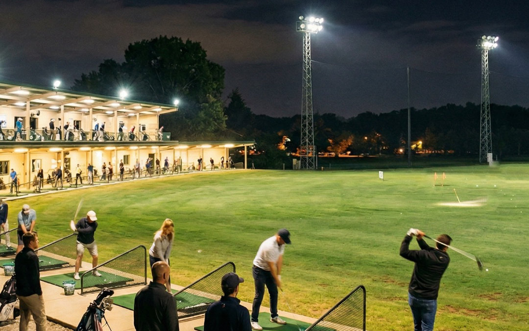 Driving-Range-Lighting-Guide-Access-Fixtures.jpg A wide-angle night view of a brightly illuminated multi-level golf driving range, featuring golfers at their hitting bays on a lush green field under tall stadium lights.