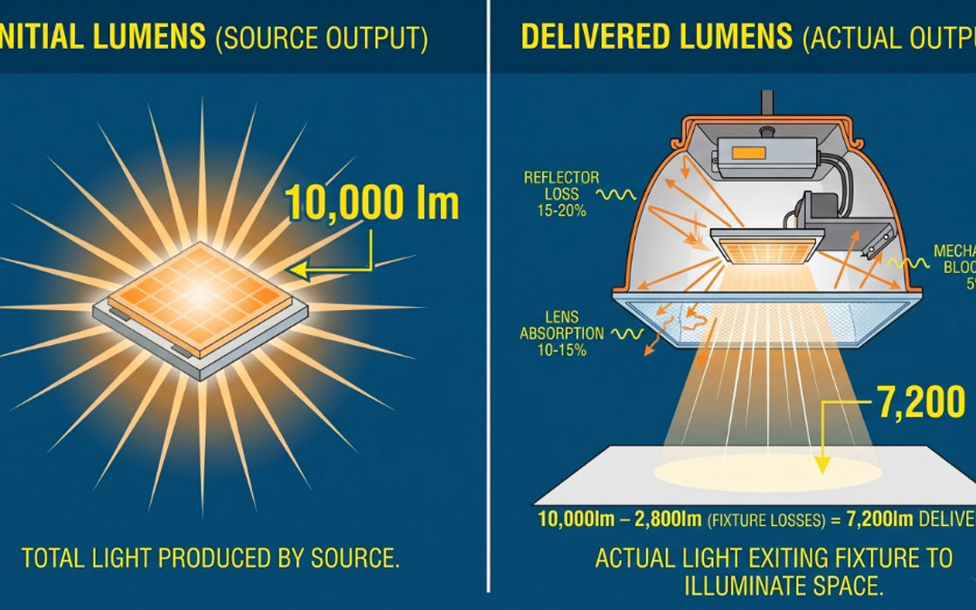 Initial-Lumens-vs-Delivered-Lumens.jpg A diagram showing a bare light bulb (Initial Lumens) labeled with a high number, next to a light bulb inside a fixture with a lens and housing (Delivered Lumens) labeled with a lower number. Use arrows to show light being "trapped" or "absorbed" by the fixture walls.