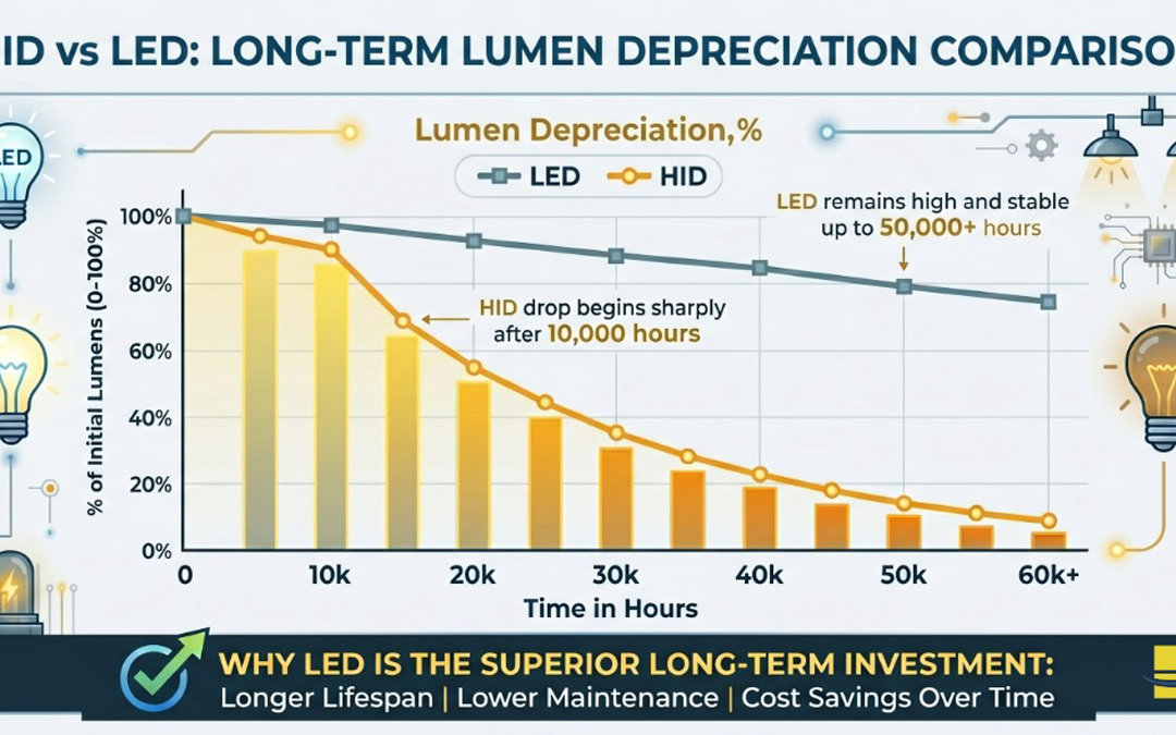 Initial-Lumens-vs-Delviered-Lumens-HID-vs-LED-Long-Term-Lumen-Depreiciation-Comparison.jpg A bar chart comparing "Lumen Depreciation" over time. Show the HID line dropping sharply after 10,000 hours, while the LED line stays high and flat up to 50,000 hours.