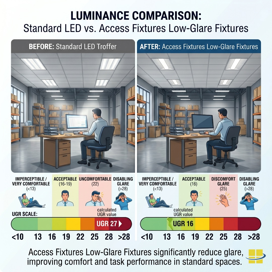 Beforeafter-luminance-comparison-—-standard-LED-vs.-Access-Fixtures-low-glare-series-same-space.jpg Side-by-side comparison of luminance distribution in a warehouse aisle under standard LED and Access Fixtures low-glare LED, showing reduced bright spots and more uniform illuminance.