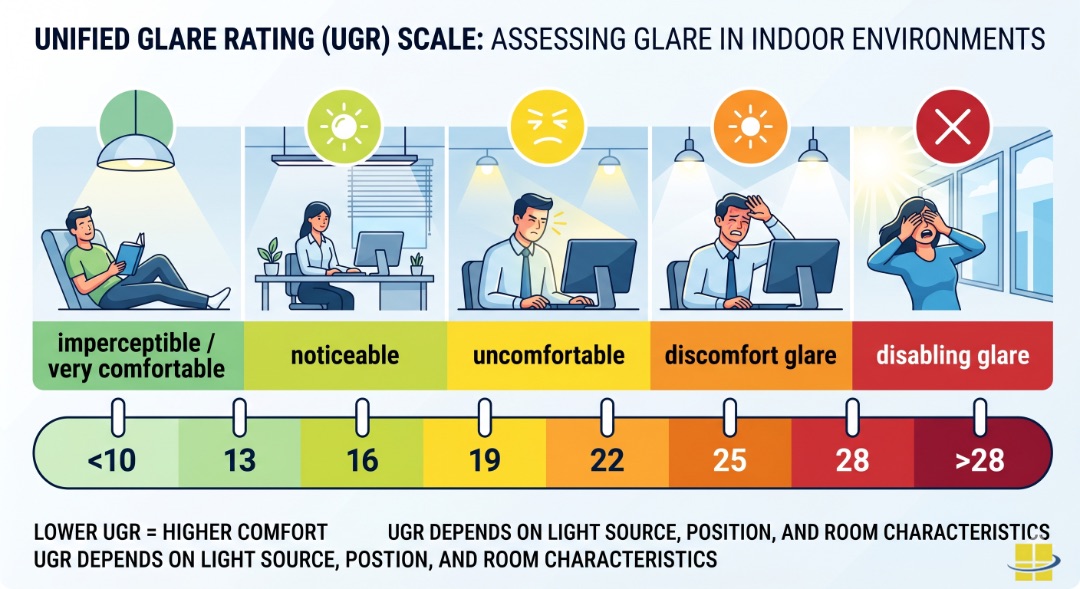 UGR-scale-diagram-—-label-values-from-10-to-28-with-comfort-zones-marked.jpg Unified Glare Rating scale showing values from imperceptible glare below 10 to intolerable glare above 28, with the 19 compliance threshold highlighted.