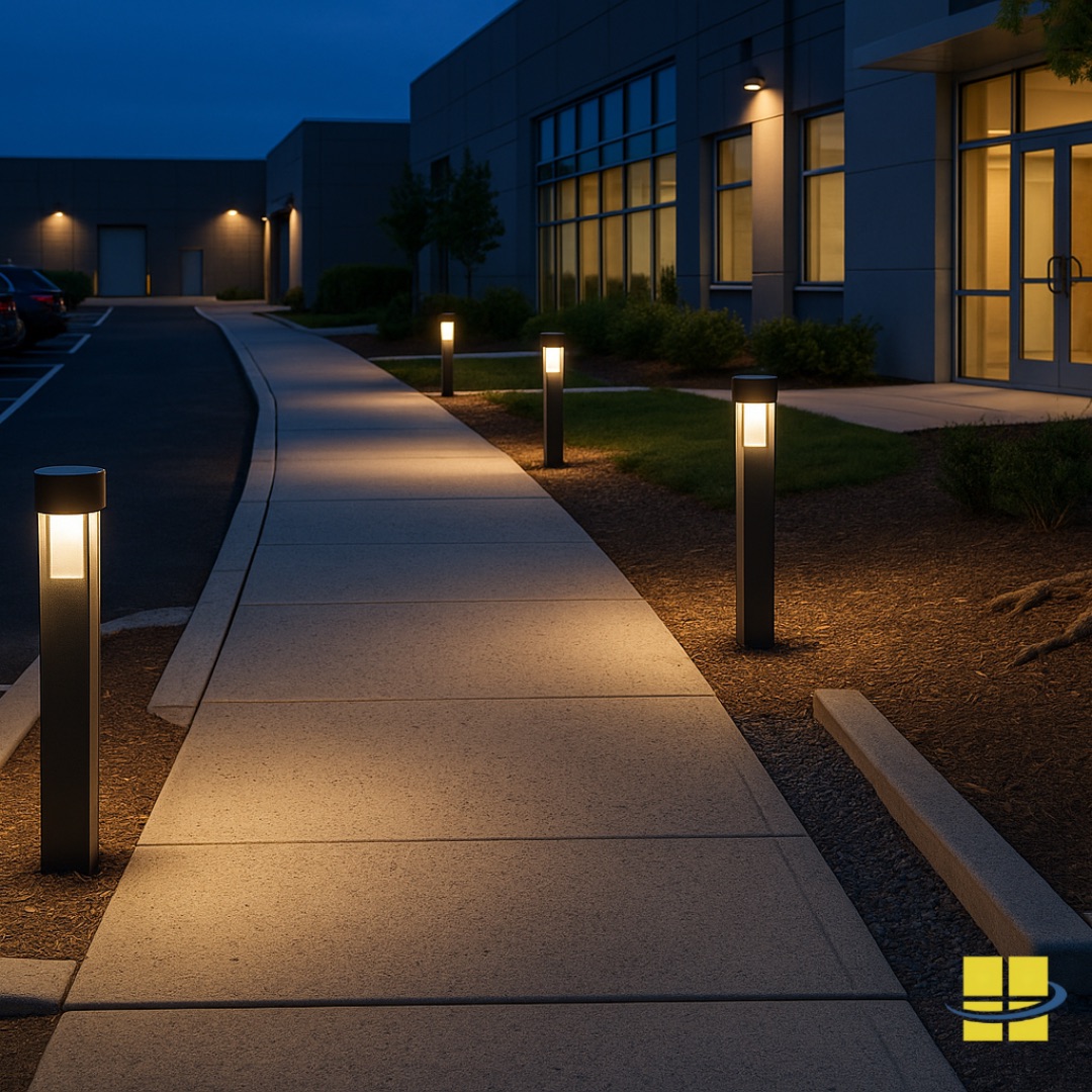 Blue-hour view of a commercial walkway with warm LED bollards lighting textured pavement, curbs, drainage swale, landscaped roots, accessible entrance path, parked cars, and clear service lane.