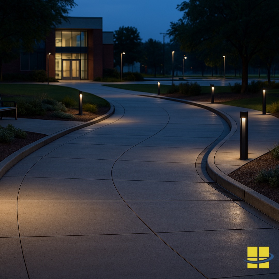 Blue-hour campus walkway with dark LED bollards casting even downward light along curved pavement, planting beds, bench, ramp, curb, trees, and distant office parking area.